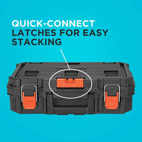 Beyond Stackable Tool Storage System 3 Piece Set with small deep toolbox showing quick-connect latches on a blue background.