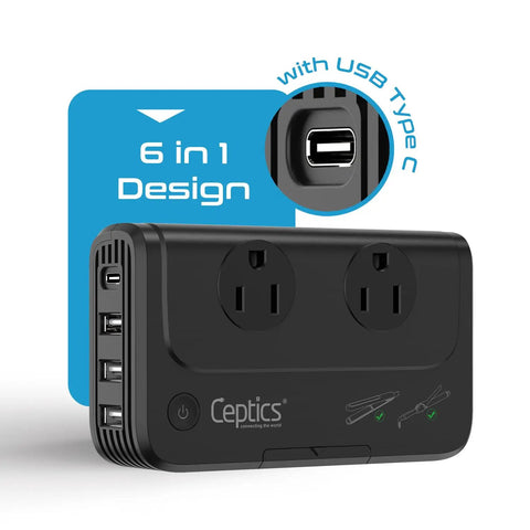 Six In One Travel Adapter And Voltage Converter With Surge Protection For 220V To 110V Countries, black with USB ports