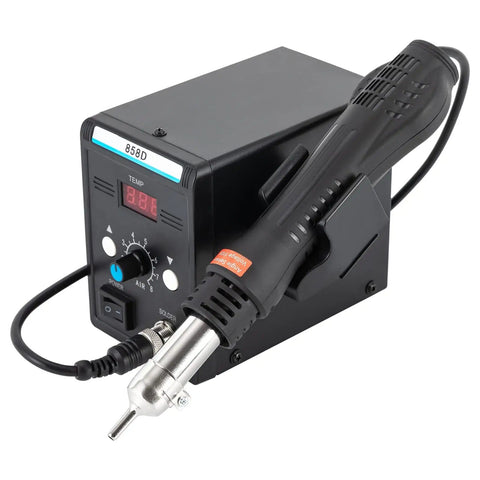 Hot Air Rework Station 700W 110V with nozzle, digital display, and adjustable controls for SMD soldering and repair.