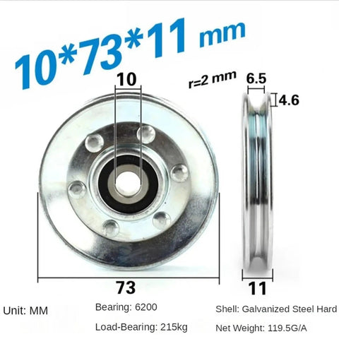 Heavy Duty V Groove Wheel Roller Nylon Wire Rope Guide Pulley For Cable Hanging Line 10x73x11mm with dimensions shown