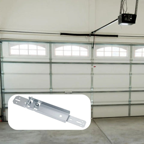 Heavy Duty Garage Door Reinforcement Bracket For Opener Installation DIY Repair Hookup Brackets With Clevis Pin Attaches To Top Panel For Most Openers 18 Inch shown in an installed garage setup.