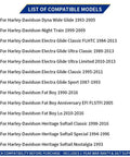 Image showing the list of compatible models for Harley Davidson 41mm Front Fork Seal Driver Kit For Touring And Softail Models.