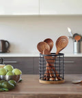 Large Round Utensil Holder With Wooden Base Matte Black Countertop Organizer For Spatulas, Spoons, Whisks And More in kitchen