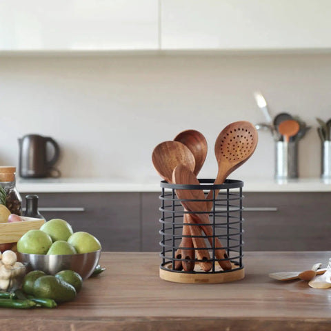 Large Round Utensil Holder With Wooden Base Matte Black Countertop Organizer For Spatulas, Spoons, Whisks And More in kitchen
