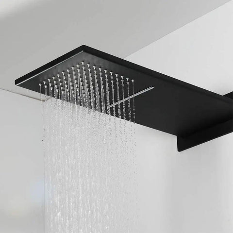 Total Game Changer In Wall Concealed Waterfall Shower System Solid Lead Free Copper Matte Black Vacuum Plated Finish overhead rainfall shower head.