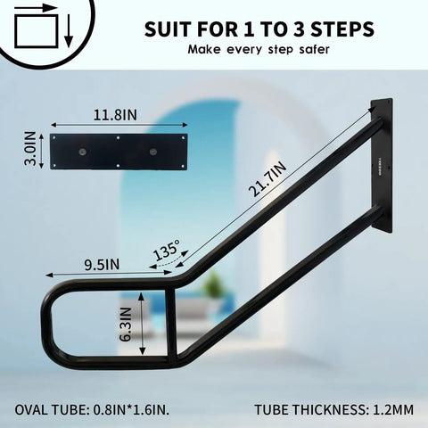 Sturdy Outdoor Step Handrail With Wall Mount Polished Black Oval Tube 0.8x1.6 Inch 31.2 Inch Length No Slip Up And Down For Garage Garden Porch Steps Ideal For 1 To 3 Car Garages, dimensions.