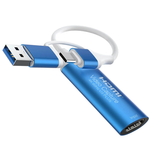 Blue 4K 60Hz HDMI Video Capture Card with USB 3.0 and 2.0 output for cameras, consoles, PC, streaming on OBS, Switch, Mac compatibility.