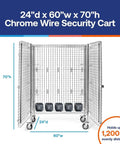 Lock Down Your Stock With This Tank-Tough Chrome Wire Security Cart, 24 By 60 By 70 Inches, shown with dimensions and weight capacity.