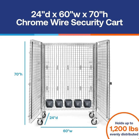 Lock Down Your Stock With This Tank-Tough Chrome Wire Security Cart, 24 By 60 By 70 Inches, shown with dimensions and weight capacity.