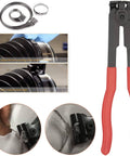 CV Boot Clamp Pliers Kit With Stainless Steel Construction, Ear Tie Pliers, shown with clamps and usage details for auto repair.