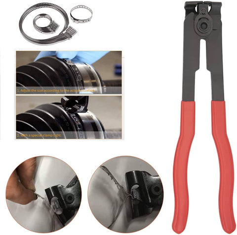 CV Boot Clamp Pliers Kit With Stainless Steel Construction, Ear Tie Pliers, shown with clamps and usage details for auto repair.