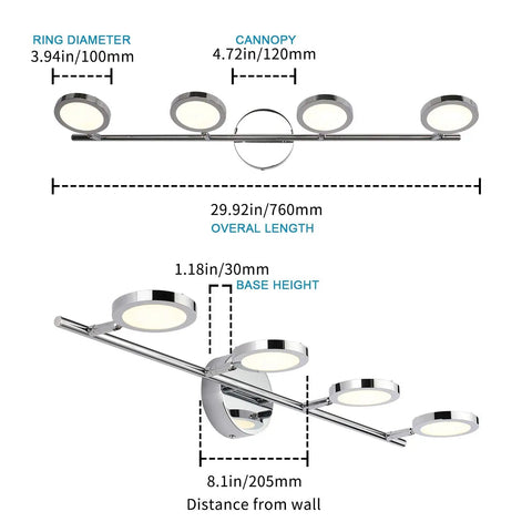 Modern 4 Light Chrome Bathroom Vanity Light Fixture With Adjustable Neck LED Wall Sconces Over Mirror For Home Bath Decor 29.92 Inches Long 4000K Easy Install Sleek Look