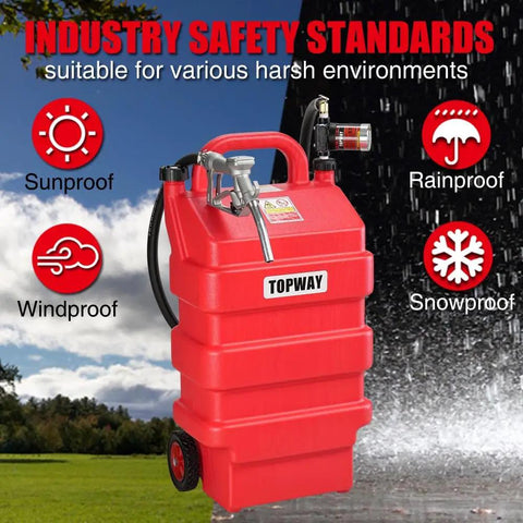 16 Gallon Portable Fuel Tank Caddy With 12V DC Electric Self Priming Transfer Pump For Cars Lawn Mowers ATVs Boats And More Durable HDPE Tank For Gasoline And Diesel showcasing weather resistance features