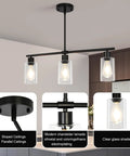 3 Light Black Kitchen Island Lighting Fixture Over Table Totally Modern Linear Chandelier With Clear Glass Shades displayed in kitchen
