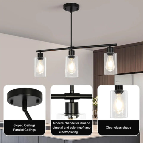 3 Light Black Kitchen Island Lighting Fixture Over Table Totally Modern Linear Chandelier With Clear Glass Shades displayed in kitchen