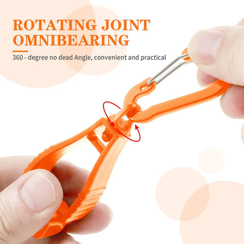 Close-up of Six Pack Glove Clips for Work Belt Loop showing rotating joint and durable orange plastic clip.