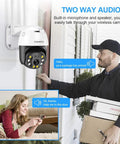 5MP PTZ WiFi Outdoor Security Camera With Color Night Vision and Two Way Audio, installed near a delivery person.