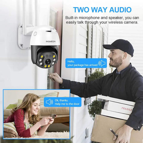 5MP PTZ WiFi Outdoor Security Camera With Color Night Vision and Two Way Audio, installed near a delivery person.
