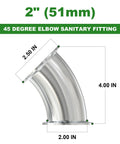 2-inch stainless steel 45-degree sanitary elbow with tri-clamp flange ends.