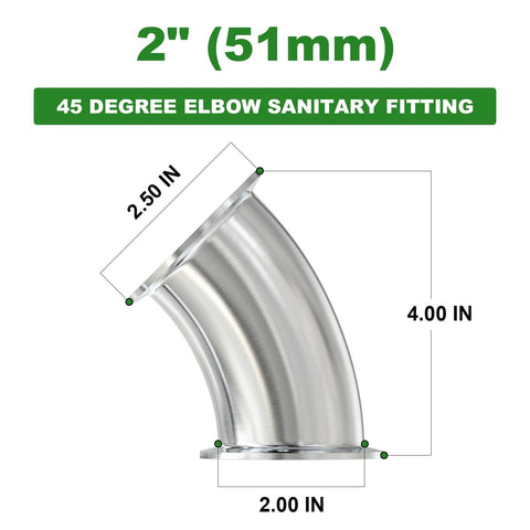 2-inch stainless steel 45-degree sanitary elbow with tri-clamp flange ends.