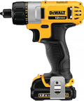 Yellow and black 12V Max Cordless Screwdriver Kit For Home DIY Projects With Quick Bit Change, side view with grip and speed settings visible.