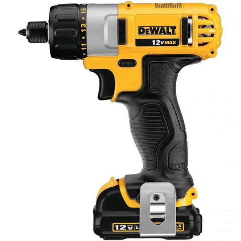 Yellow and black 12V Max Cordless Screwdriver Kit For Home DIY Projects With Quick Bit Change, side view with grip and speed settings visible.