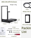 Absolute Beast Mini Egpu Enclosure With Forty Gbps Thunderbolt Three Four And Usb Four For Crisp Gaming And Smooth Ai Crunching Pcie External Dock Built Different For Nvidia And Amd Cards With Pd 85 Watt Charging, showing packing list and specs.