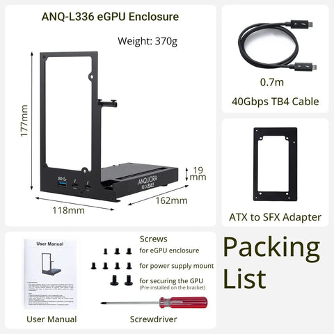 Absolute Beast Mini Egpu Enclosure With Forty Gbps Thunderbolt Three Four And Usb Four For Crisp Gaming And Smooth Ai Crunching Pcie External Dock Built Different For Nvidia And Amd Cards With Pd 85 Watt Charging, showing packing list and specs.