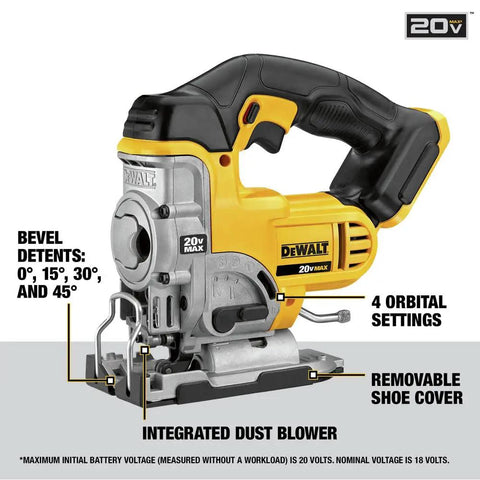 Cordless Jigsaw 20V Max Tool Only, All Metal Lever Action Blade Change, Keyless Bevel Shoe With 0, 15, 30, 45 Degree Detents