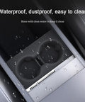 Slick White Silicone Cup Holder Tray For Tesla Model Y 2025 Center Console showing waterproof design with water droplets.