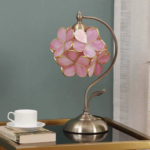 Chic Vibe Stained Glass Tiffany Style Flower Petal Table Lamp With Brass Base For Home Decor Pink 8 Inch Shade 17 Inch Tall Cherry Blossom Handmade Lighting Fixture on table
