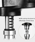 Close-up of 58mm Stainless Steel Coffee Tamper for Espresso Portafilter showing buffer spring for stable tamping action.