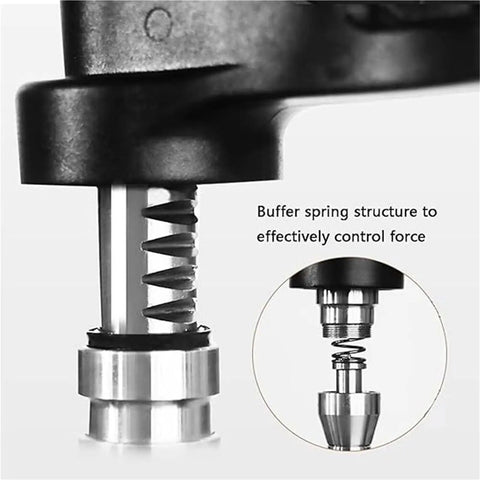 Close-up of 58mm Stainless Steel Coffee Tamper for Espresso Portafilter showing buffer spring for stable tamping action.