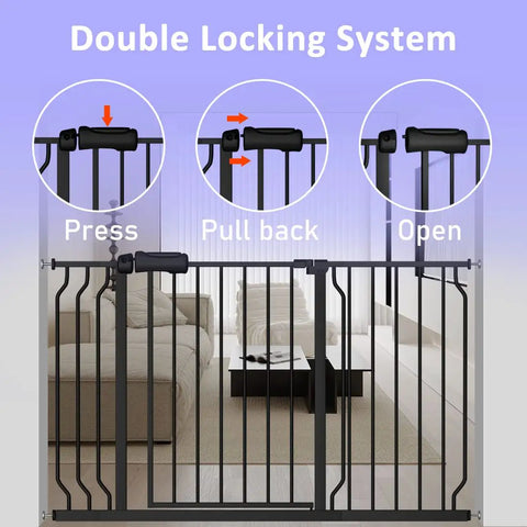 Extra Wide Baby Gate With Walk Through Door And Auto Close, EZ Install, Adjustable Pressure Mount Black Metal Safe Gate in Doorway