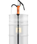 Heavy Duty 55 Gallon Drum Pump For Def Fluid Transfers with grippy handle and clear plastic drum view.