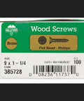 Top Shelf Brass Wood Screws No 9 X 1 1/4 Inches With Easy Glide Phillips Flat Head Drive packaging showing size and quantity.