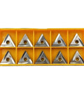 Top Grade 10 Piece Indexable Carbide Lathe Tool Set Featuring TNMG160404R-2G Metal Ceramic Triangle Blades in storage tray.