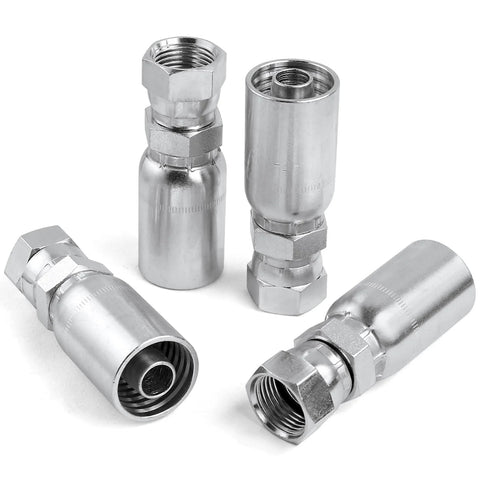 Set of four chrome-plated hydraulic hose fittings, 3/8 in JIC 37° female swivel crimp fittings