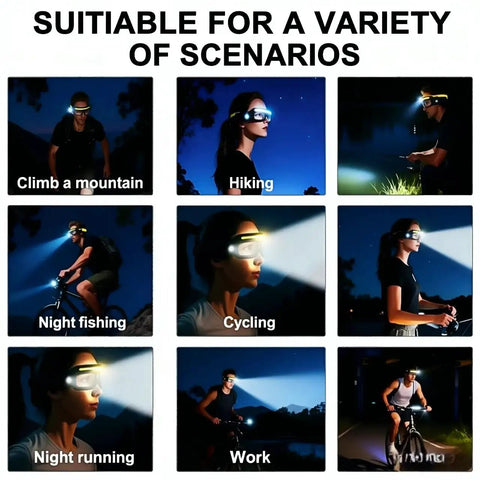 Rechargeable LED Lighted Glasses With Motion Sensor And Touch Control Five Mode Hands Free Headlight Eyewear For Night Running Camping And Cycling USB C Trail Ready glasses shown in outdoor scenarios including hiking and cycling.