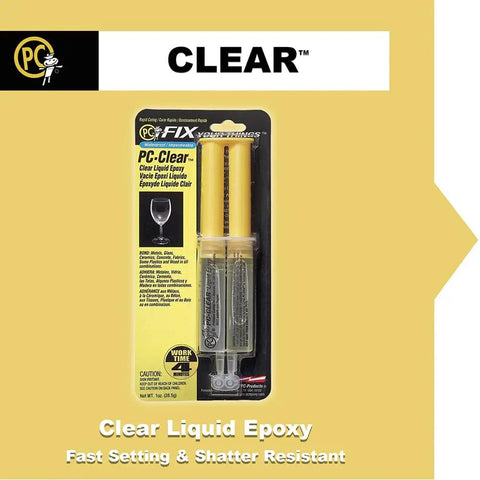 Rock Solid Clear Epoxy Adhesive Liquid With 50 Milliliter Syringe Cartridge For Hella Strong Bonding On Wood Metal Glass Ceramic And Fabric Featuring Rapid Four Minute Curing And Excellent Heat Resistance For Easy Weekend Repairs in a clear packaging.