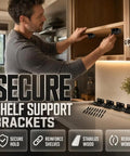 Man installing Beefed-Up Heavy-Duty Stainless Steel Corner Brackets for furniture reinforcement on cabinet.