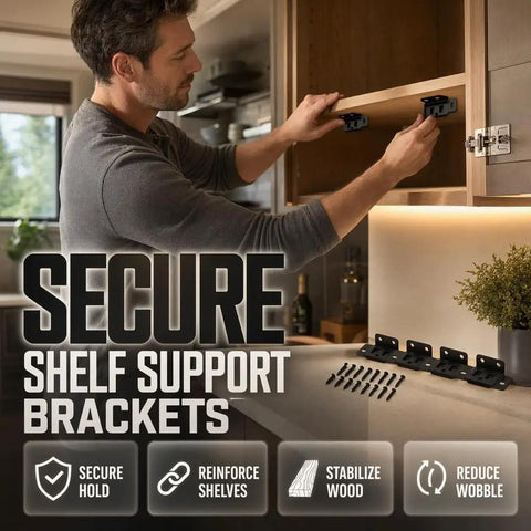 Man installing Beefed-Up Heavy-Duty Stainless Steel Corner Brackets for furniture reinforcement on cabinet.