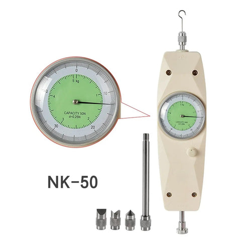 Analog Push Pull Thrust Tester Force Gauge For Accurate Force Readouts This Handy Dynamometer Delivers 50 Newtons And 5 Kilograms Of Capacity With Clear Pointer Display And Durable Build For DIY Workshop And Lab Use, NK-50 analog force gauge with 5 kg dial and attachments
