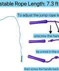 Adjustable Colorful Jump Rope 3 Pack For Kids And Teens with purple handle and nylon rope showing size adjustment steps