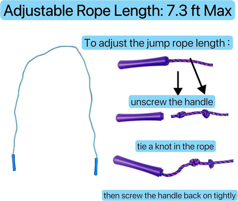 Adjustable Colorful Jump Rope 3 Pack For Kids And Teens with purple handle and nylon rope showing size adjustment steps
