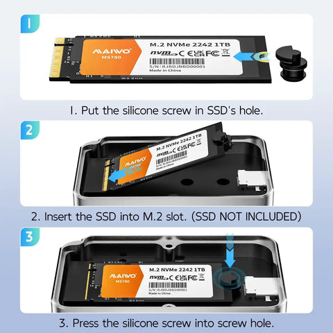 Image showing Screw Kit For M.2 SSD Mounting In External Enclosures With Silicone Plug Rubber Fasteners installation steps.
