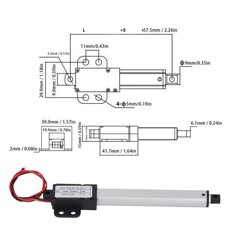 Powerful Mini Motion Actuator With 100mm Stroke And 20N Thrust For Home Automation Projects, Robotic Arms, And Cabinet Doors Running Smooth On AC 24V Power dimensions and design diagram.