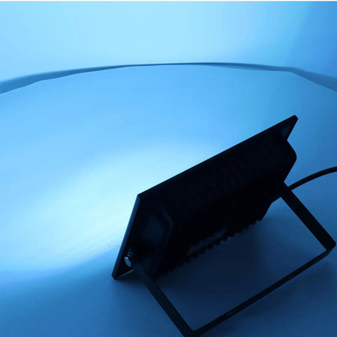 SUNGOOYUE LED Flood Light RGBW Color Changing with blue light glow, sleek aluminum design, and adjustable stand.