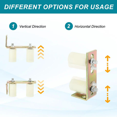 2.8 By 1.6 Inch Slide Gate Guide Roller Set With L Bracket Universal Adjustable Heavy Duty Sliding Gate Hardware Kit For Balcony And Bedroom White Two Pack Includes Mounting Hardware Easy Install showing vertical and horizontal installation options