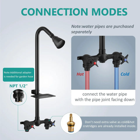Outdoor Shower Kit With High Pressure Showerhead 2 Handle Exposed Faucet System Brass Mixing Valve 6 Inch Center Soap Dish Matte Black Finish Solid Brass Head And Valve Stainless Steel Pipe For Poolside Beach Resort Courtyard